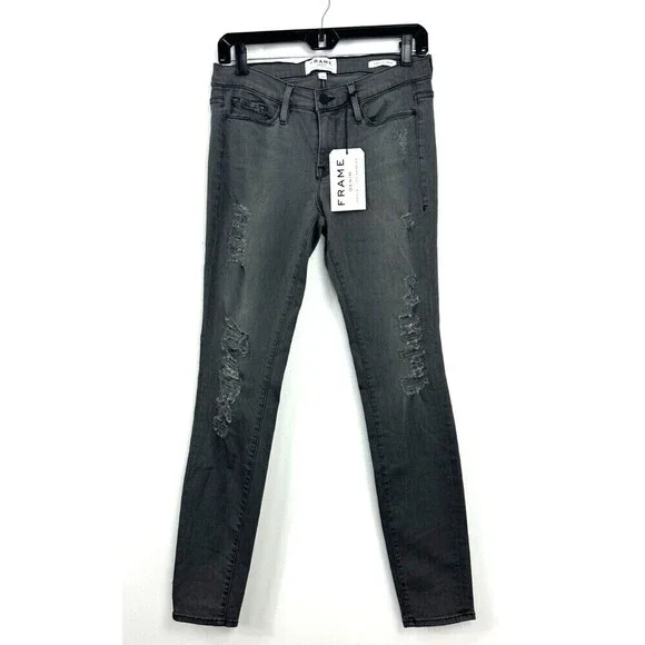Frame Denim Le Skinny de Jeanne Women 28 Jean Gray Shred Distressed USA Stretch - Picture 3 of 13